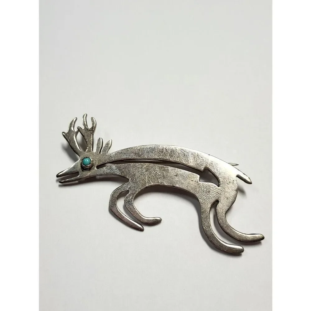Sterling Silver Native American Artist Dee Morris Brooch Stag Deer Turquoise Eye